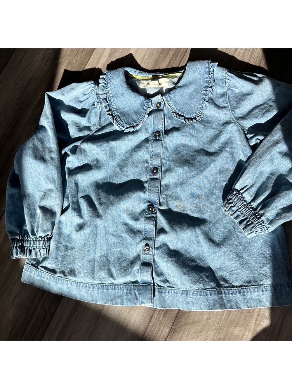 Mini Boden Girls Blue 100% Cotton Chambray Denim Ruffle Collar Shirt Top 4-5Y